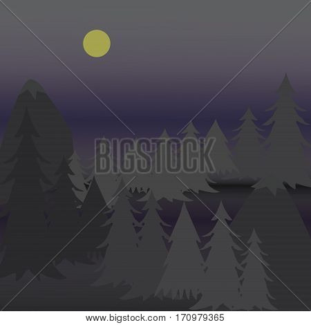 Vector illustration pine trees on rugged mountain at night.