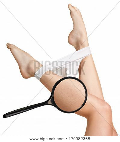 Female legs with hair. Magnifier brings hair on woman's legs.