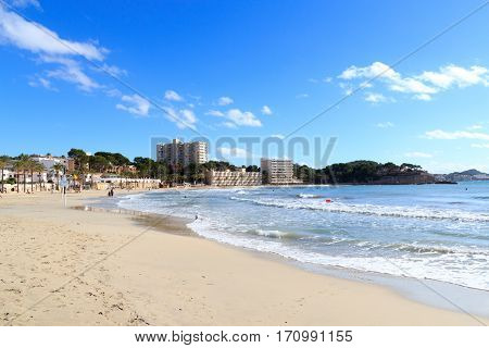 Peguera Beach Panorama And Mediterranean Sea On Majorca, Spain