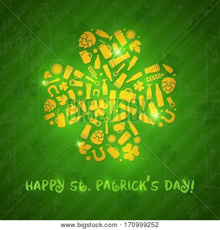 Saint Patrick's day craft beer poster. Vector shamrock composed of beer bottles, glasses, mugs, ingredients and accessories.