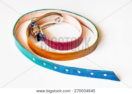 Narrow Varicoloured Leather Belt On White Background