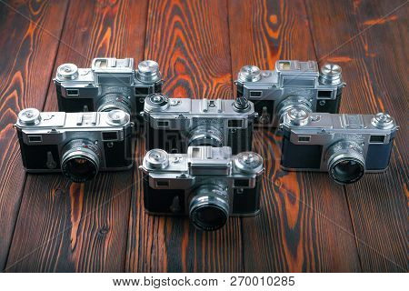 Moscow, Russia, April 18, 2017. The Old Soviet Rangefinder Cameras Contax, Kiev-4, 3a, 2a, 4am Relea