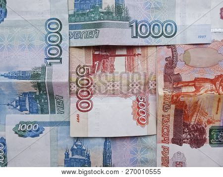 Russian Ruble Currency, Financial And Wealthy Concepts. Time To Pay Taxes.  Banknotes Of 5000 And 10
