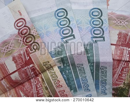 Russian Ruble Currency, Financial And Wealthy Concepts. Time To Pay Taxes.  Banknotes Of 5000 And 10