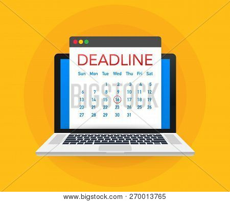Dates And Deadlines Banner. Computer With Calendar. Vector Stock Illustration.