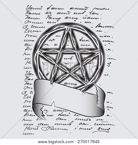Symbol Sign Black Star Pentagram With Florid Ornament. Wrapped Ribbon Of Parchment For The Text. Aga