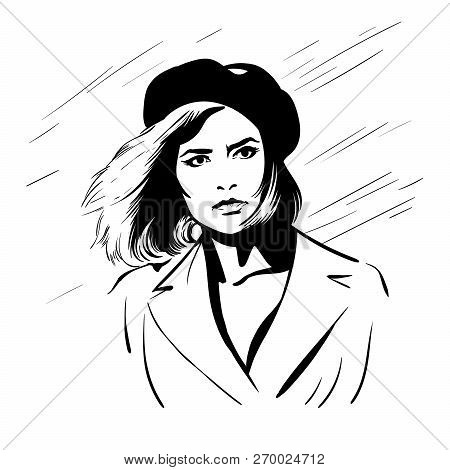 Girl With Berret Hat. Black And White Vector.