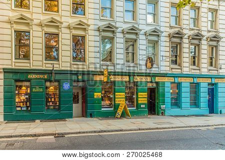 London. November 2018. A View Of Coin And Antique Shops Around The British Museum In London
