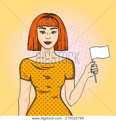 Pop Art Red Haired Girl Holding A White Flag. The Woman Gave Up Her Position Comic Style Imitation