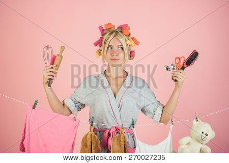 Vintage Housekeeper Woman. Maid Or Housewife Cares About House. Busy Mother. Emotional Retro Housewi