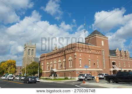 Framingham, Ma, Usa - Oct. 17, 2016: Framingham Downtown Including Police Department, New Life Presb