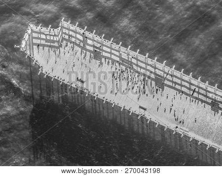An Aerial Shot Of A Cement Ship Beached At Seacliff Beach Near Santa Cruz