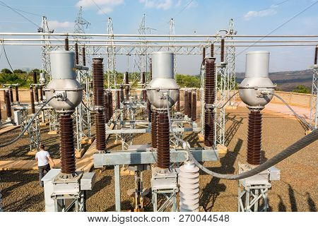 High Voltage Transformer Modern Substation Electrical Switchyard.