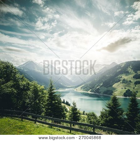 Great panorama of the Durlassboden reservoir. Location municipality of Gerlos, Zillertal valley, Austrian states of Tyrol and Salzburg, Europe, High Tauern National Park. Discover the beauty of earth.