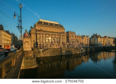 Prague, Czech Republic / Europe - November 15 2018: View Of National Theatre Standing On Riverbank O