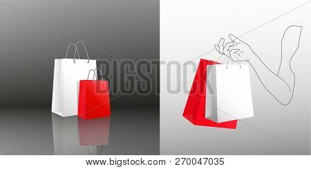 Female Hand Holding Two Shopping Bags. Two Gift Packages Red And White In Painted Hand Of Young Woma