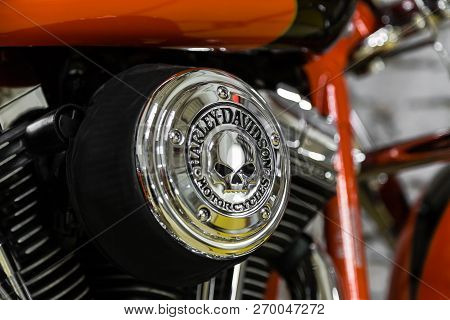 Moscow. November 2018. Orange Harley Davidson Stands In The Garage.
Twin Cam Screamin Eagle 110 Engi