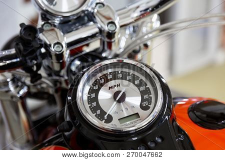 Moscow. November 2018. Orange Harley Davidson Stands In The Garage.
Twin Cam Screamin Eagle 110 Engi