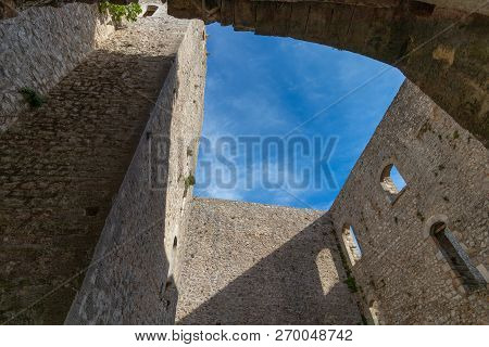 The Ruins Of The Abandoned Castle (rocca Di Piediluco) On The Hill Of The Town Of Piediluco. Umbria,