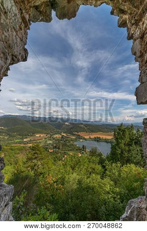 Beautiful Lake Piediluco View And The Ancient Town Labro On The Hill From The Window Of An Old Ruine