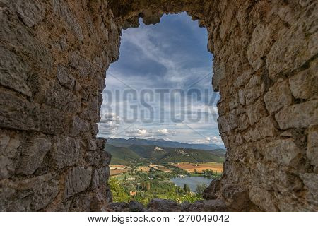 Beautiful Lake Piediluco View And The Ancient Town Labro On The Hill From The Window Of An Old Ruine
