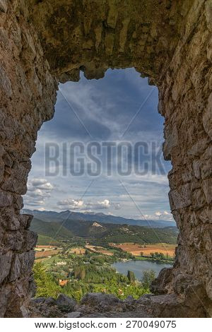 Beautiful Lake Piediluco View And The Ancient Town Labro On The Hill From The Window Of An Old Ruine