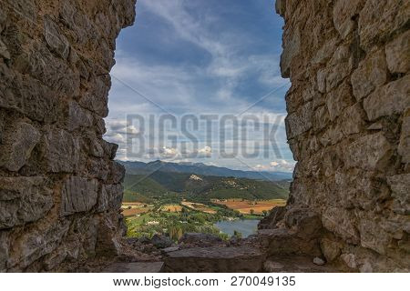 Beautiful Lake Piediluco View And The Ancient Town Labro On The Hill From The Window Of An Old Ruine