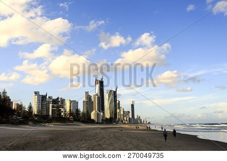 The Skyscrapers Of The Gold Coast From Broadbeach To Surfers Paradise, From The Beach During Sunset.