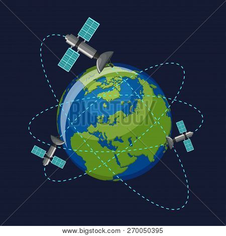 Artificial Satellites Orbiting The Planet Earth In Outer Space Isolated On Dark Blue Background.