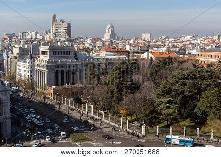 Madrid, Spain - January 24, 2018:  View From The Terrace Of Cybele Palace (palacio De Cibeles), Madr