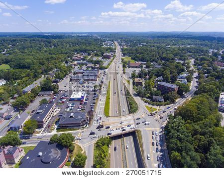 Aerial View Of Framingham Centre Common Historic District And Massachusetts Route 9 In Framingham, M