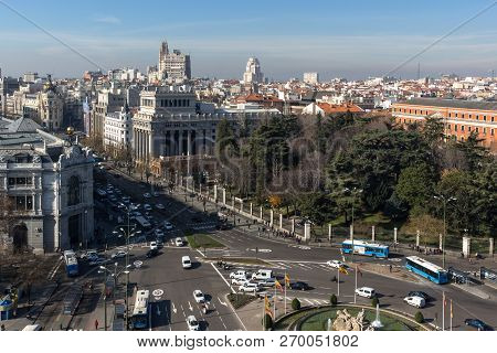 Madrid, Spain - January 24, 2018:  View From The Terrace Of Cybele Palace (palacio De Cibeles), Madr