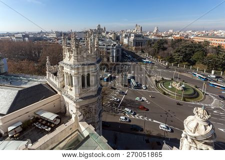 Madrid, Spain - January 24, 2018:  View From The Terrace Of Cybele Palace (palacio De Cibeles), Madr