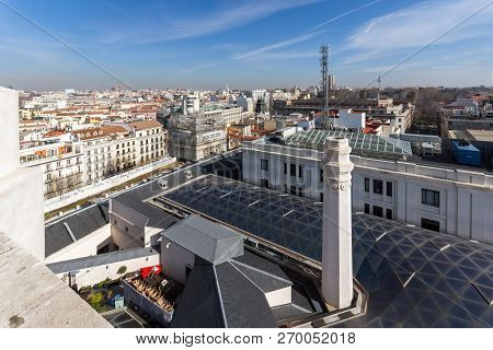 Madrid, Spain - January 24, 2018:  View From The Terrace Of Cybele Palace (palacio De Cibeles), Madr