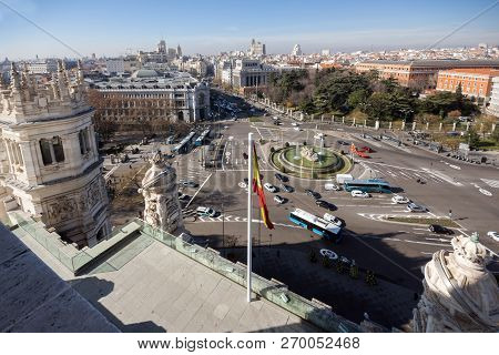 Madrid, Spain - January 24, 2018:  View From The Terrace Of Cybele Palace (palacio De Cibeles), Madr