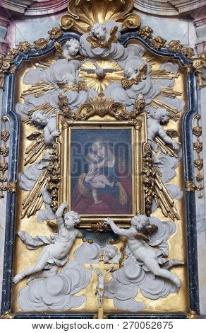 WEINGARTEN, GERMANY - JULY 12, 2018: Virgin Mary with baby Jesus, Virgin Mary altar in the Basilica of St. Martin and Oswald in Weingarten, Germany