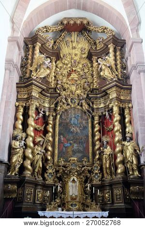 BRONNBACH, GERMANY - JULY 07, 2018: Assumption of Mary, main altar in Cistercian Abbey of Bronbach in Reicholzheim near Wertheim, Germany