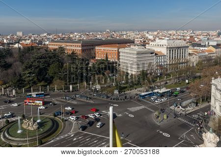 Madrid, Spain - January 24, 2018:  View From The Terrace Of Cybele Palace (palacio De Cibeles), Madr