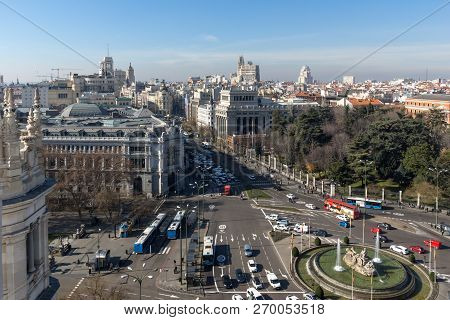 Madrid, Spain - January 24, 2018:  View From The Terrace Of Cybele Palace (palacio De Cibeles), Madr