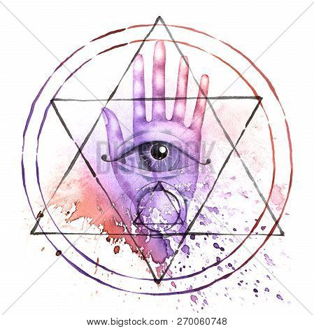 Alchemy Symbol With Hand, All Seeing Eye, Moon Phases And Transmutation Circle. Watercolor Painting 
