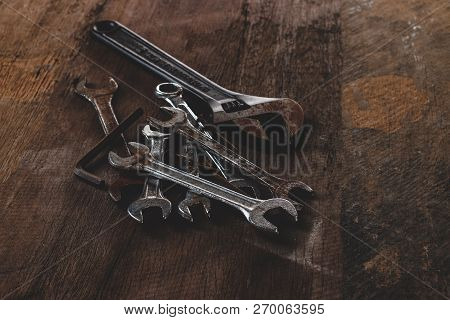 Old Tool Renovation On Grunge Wood Background