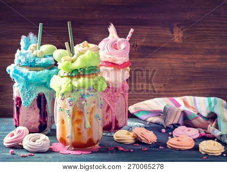 Freakshakes with donuts and candy floss
