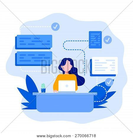 Software Development And Programming. Flat Vector Illustration Of Young Programmer Coding On The Lap