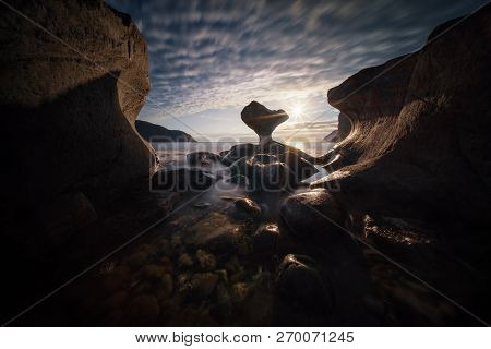 Maloy Coastline With Kannestein Rock In Sunset Light, Norway