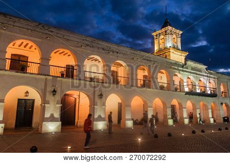 Salta, Argentina - April 8, 2015: Building Of The Former Town Council Cabildo On Plaza 9 De Julio Sq