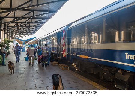 Salta, Argentina - April 9, 2015: Train Heading To General Guemes Arrived To The Railway Station  In