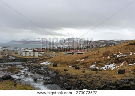 Town Of Mountain View Olafsvik In Iceland Is Europes Western Most Country. Amazing Natural Mountain 