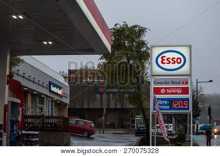 Montreal, Canada - November 3, 2018: Esso Logo In Front Of One Of Their Gas Stations In Canada. Esso