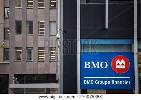 Montreal, Canada - November 3, 2018: Bank Of Montreal Logo, Known As Bmo, In Front Of Their Main Off