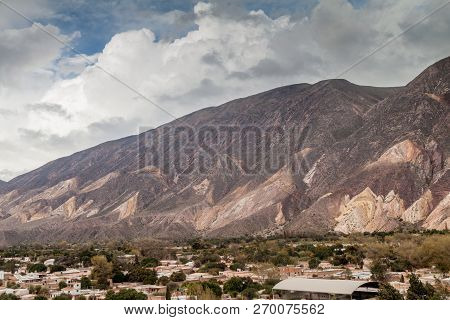 Village Maimara Under Colorful Rock Called Paleta Del Pintor Painters Palette In Quebrada De Humahua